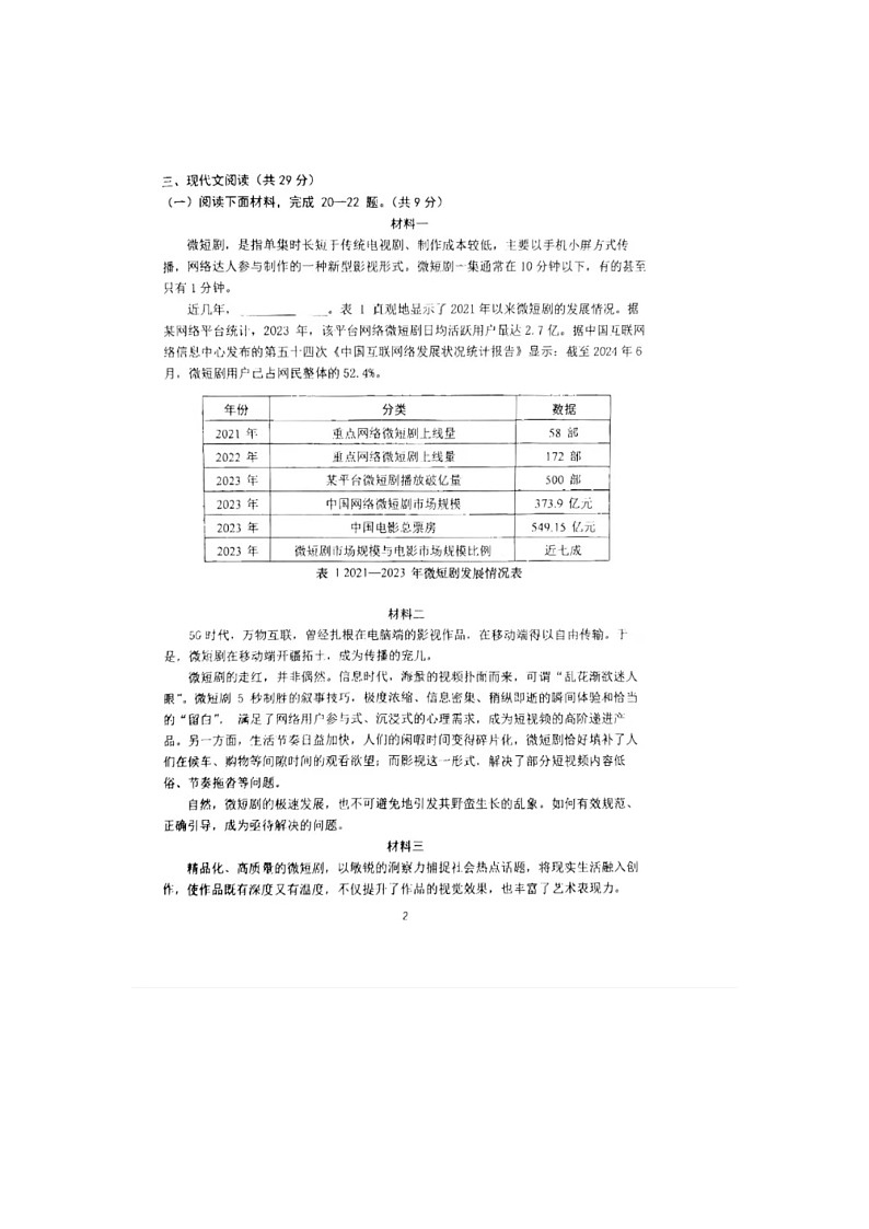 2024-2025学年度北京育才学校开学考试 九年级第二学期语文试卷第2页