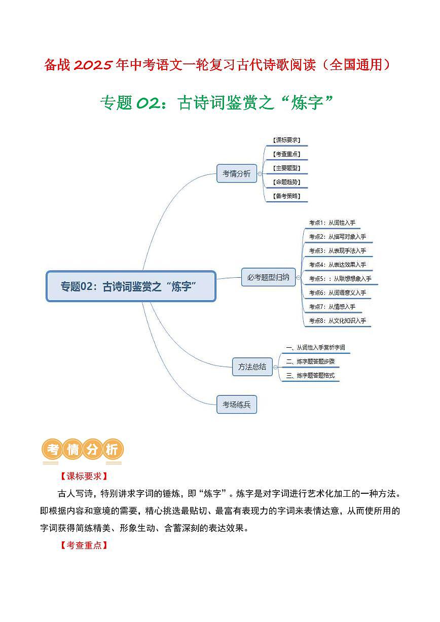 中考语文二轮复习精品试卷讲义专题02：古诗词鉴赏之“炼字”原卷版第1页