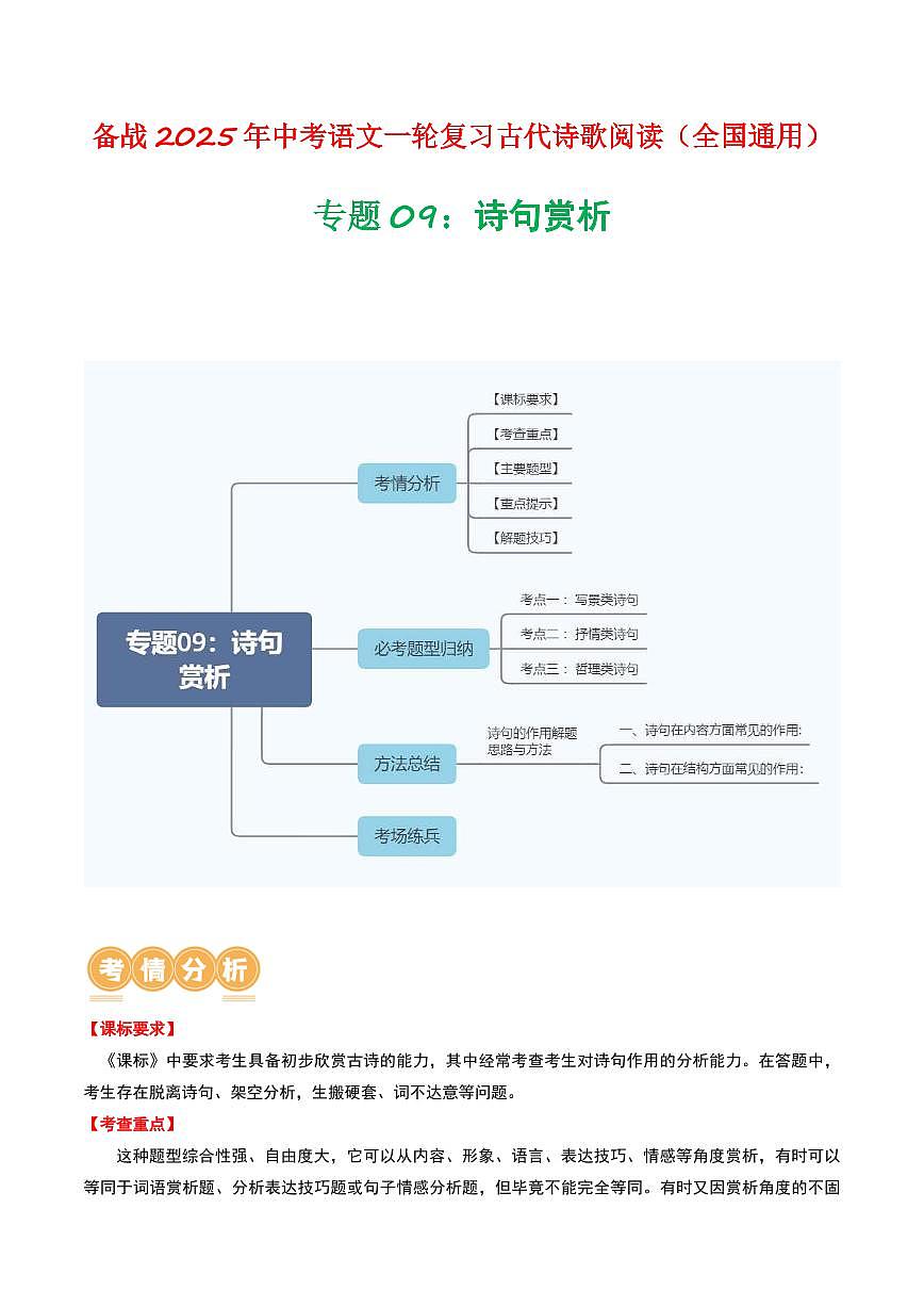 中考语文二轮复习精品试卷讲义专题09：古诗词鉴赏之诗句赏析解析版第1页