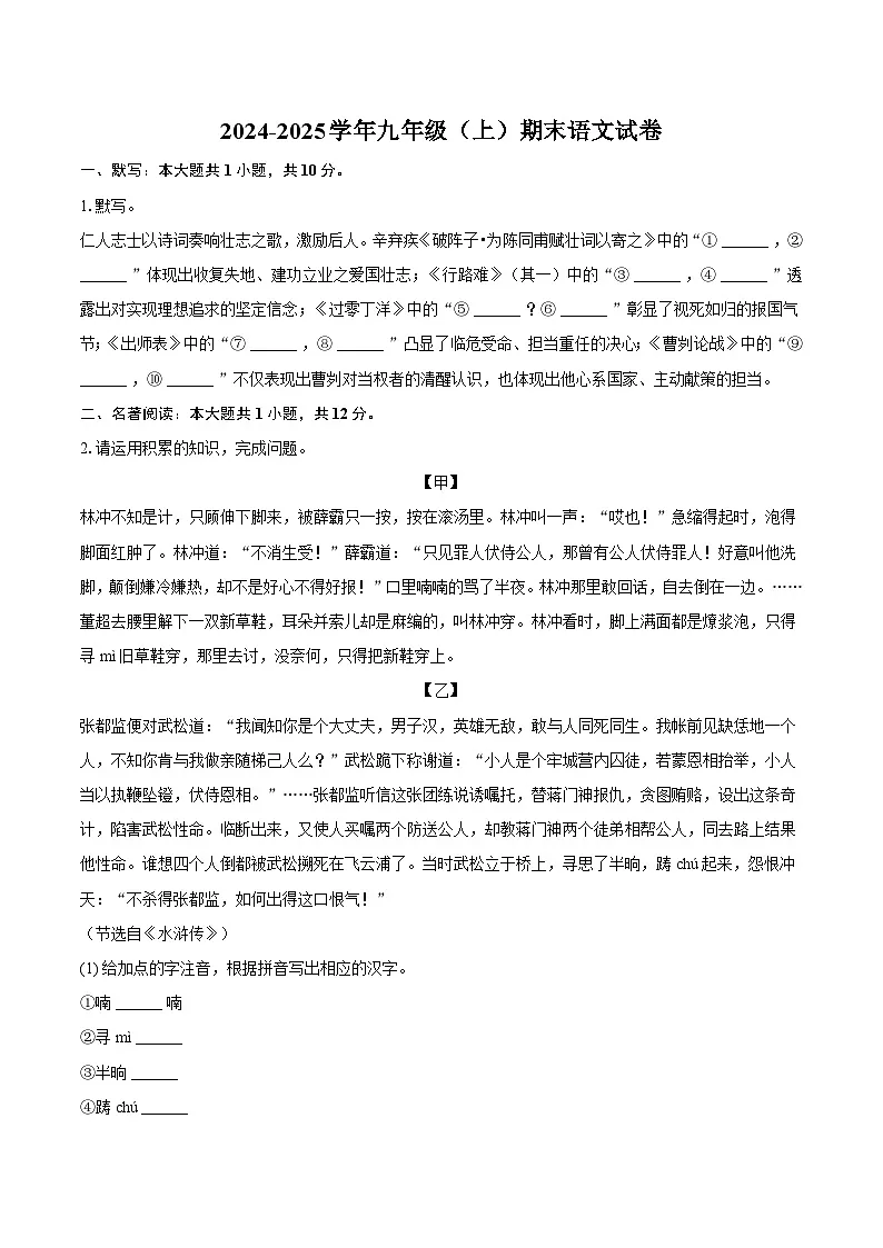 安徽省亳州市部分学校2024-2025学年九年级（上）期末语文试卷第1页