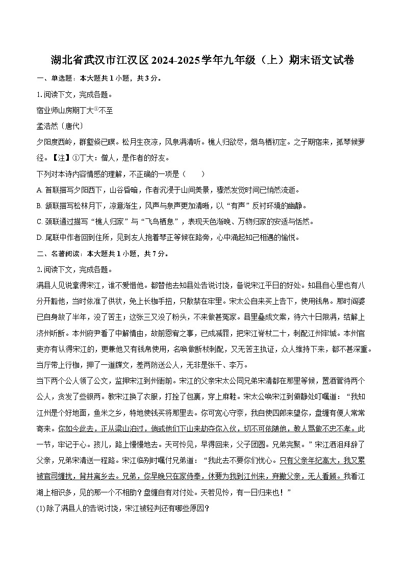 湖北省武汉市江汉区2024-2025学年九年级（上）期末语文试卷（解析版）第1页