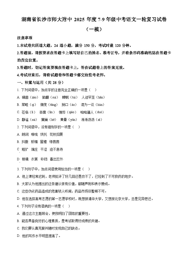 2025年湖南省长沙市湖南师范大学附属中学中考一模语文试题（原卷版+解析版）第1页
