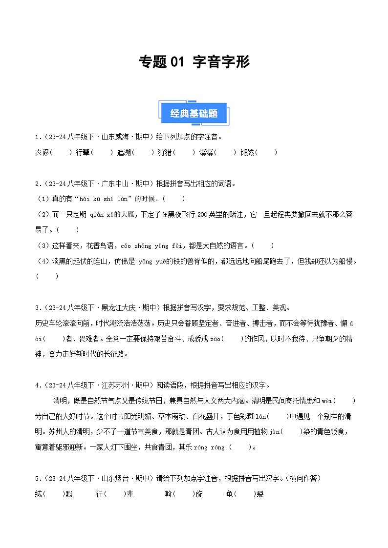 专题01 字音字形（原卷版）第1页