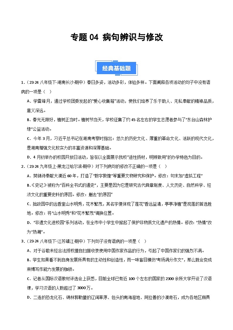 专题04 病句辨识与修改（原卷版）第1页
