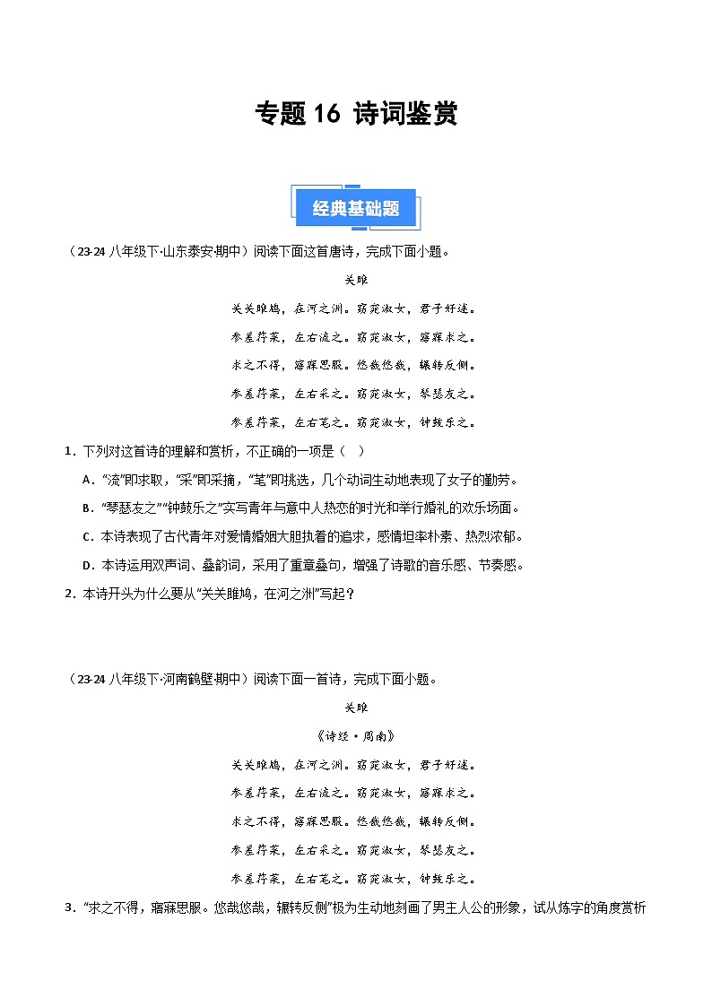 专题16 诗词鉴赏（原卷版）第1页