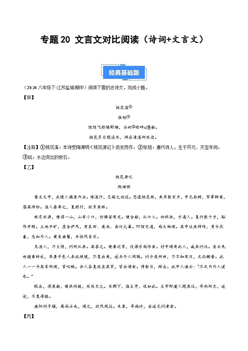 专题20 文言文对比阅读新考法（诗词+文言文）（原卷版）第1页