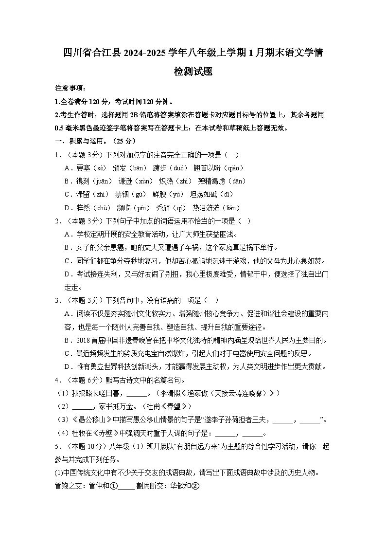 四川省合江县2024-2025学年八年级上册1月期末语文学情检测试题（附答案）第1页