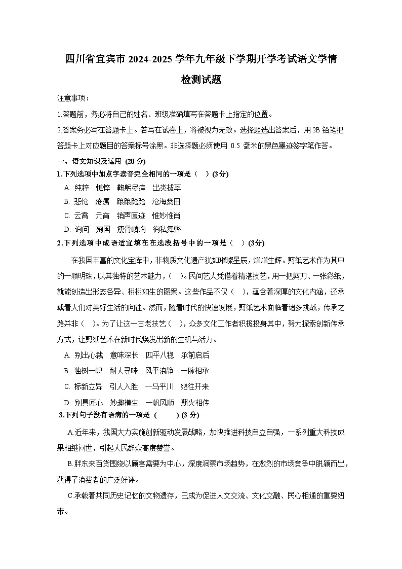 四川省宜宾市2024-2025学年九年级下册开学考试语文学情检测试题（附答案）第1页