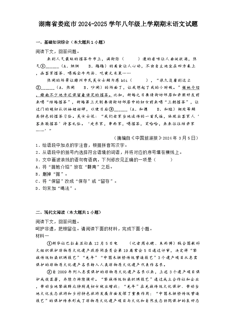 湖南省娄底市2024-2025学年八年级上学期期末语文试题第1页