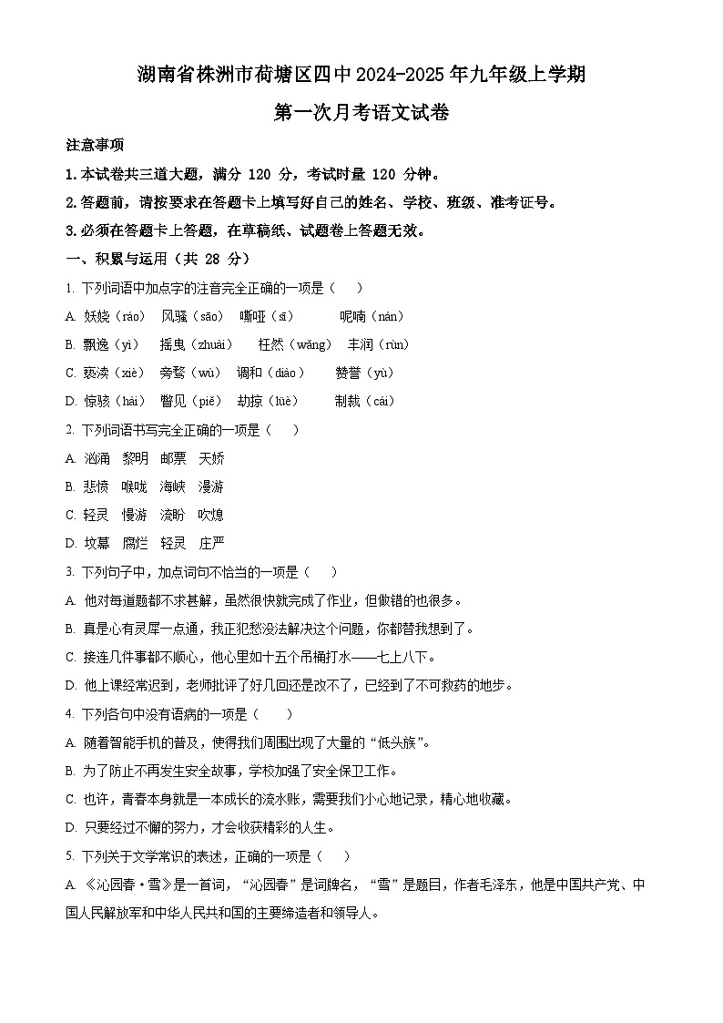 湖南省株洲市第四中学2024-2025学年九年级下学期第一次月考语文试题（原卷版+解析版）第1页