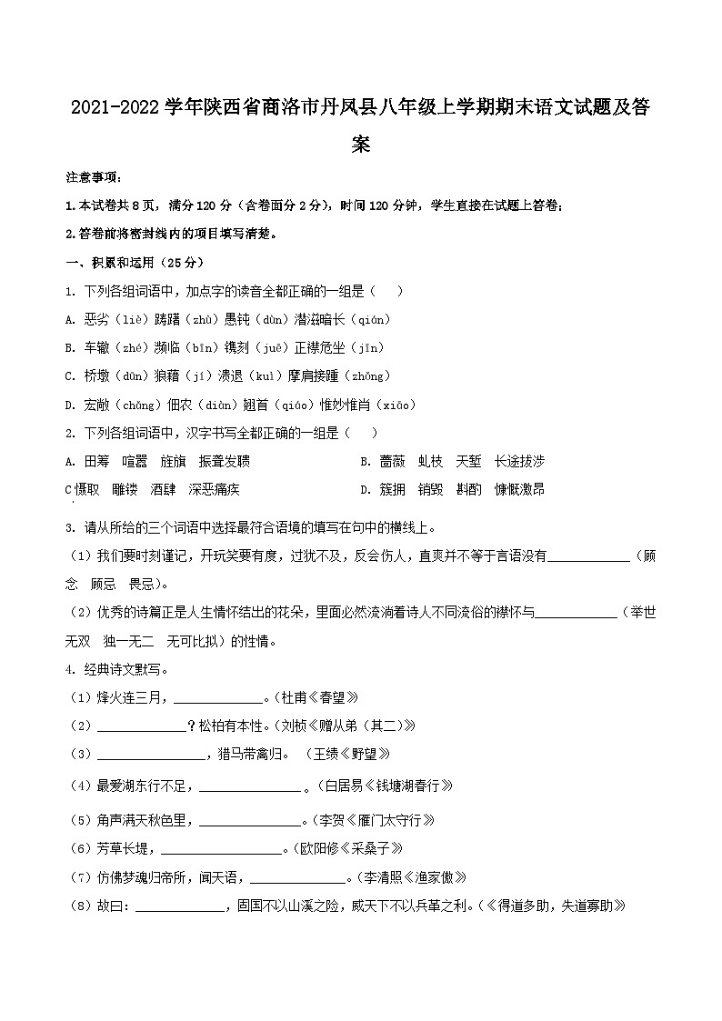 2021-2022学年陕西省商洛市丹凤县八年级上学期期末语文试题及答案第1页