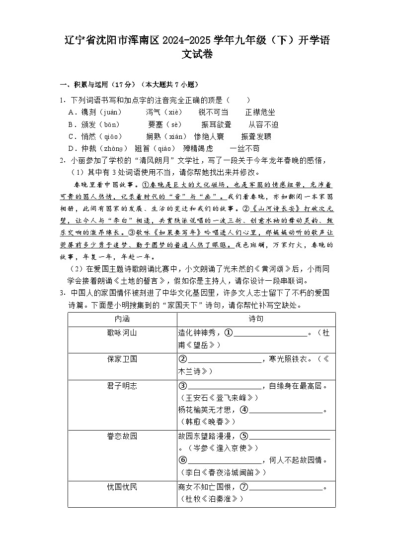 辽宁省沈阳市浑南区2024-2025学年九年级（下）开学语文试卷第1页