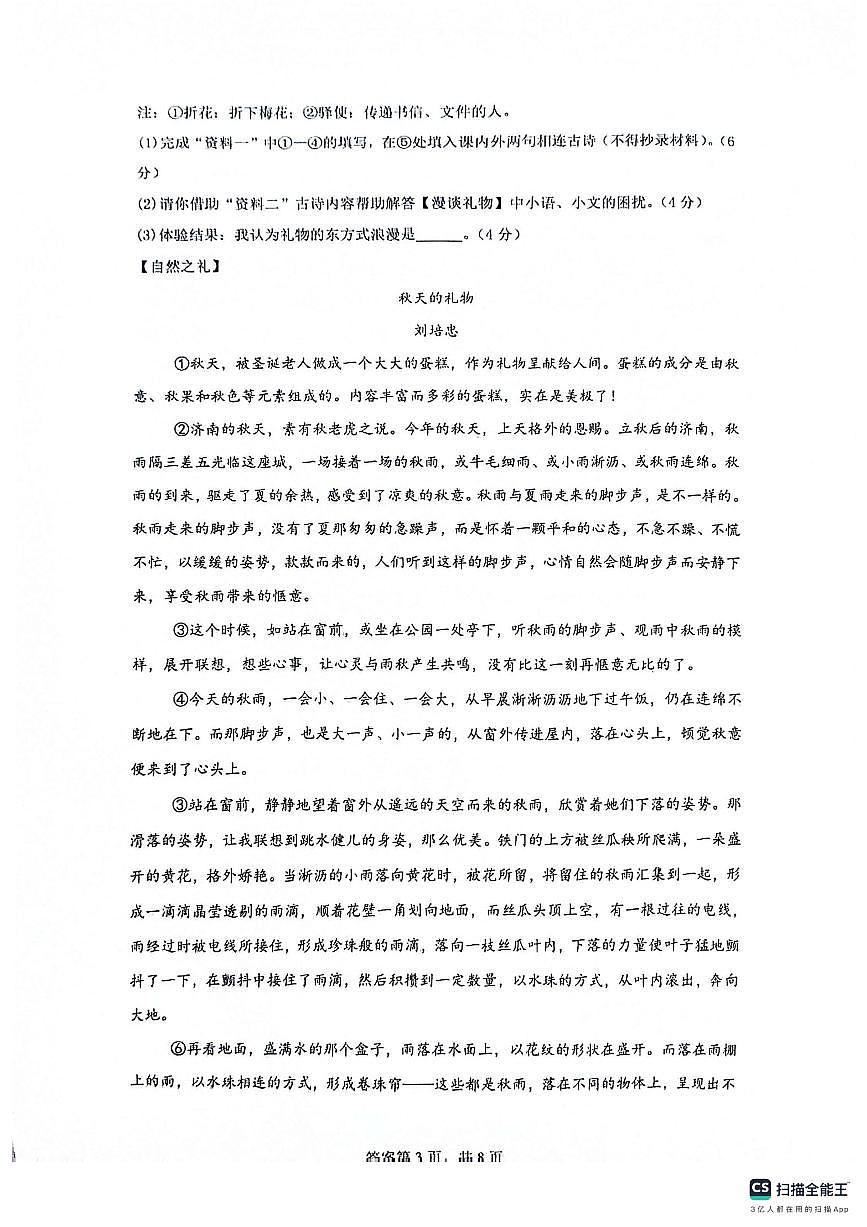 浙江省宁海县2024-2025学年七年级上学期期中考试语文试题第3页