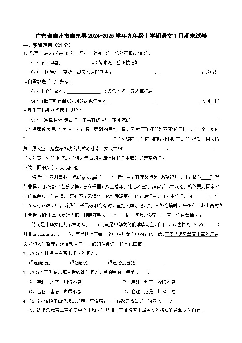 广东省惠州市惠东县2024-2025学年九年级上学期语文1月期末试卷第1页