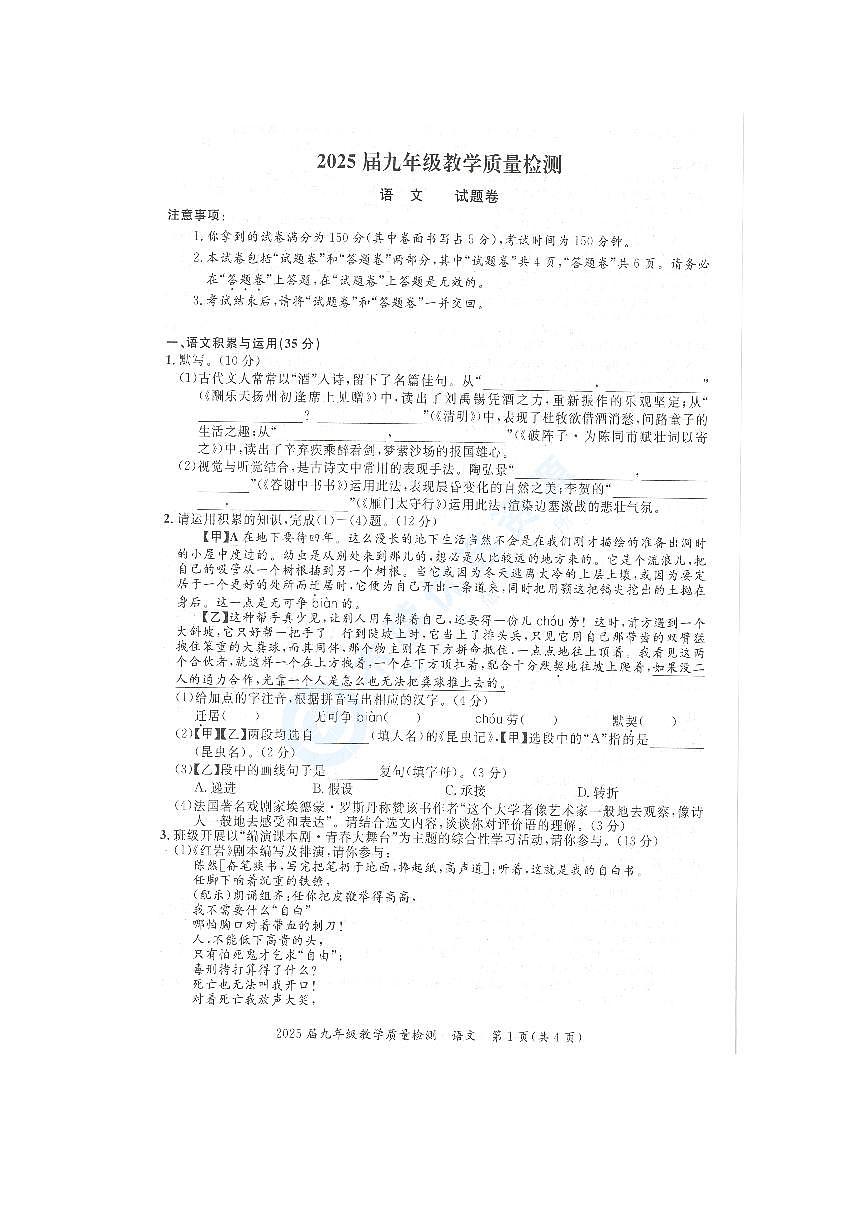 【9语一模】2025年安徽省阜阳市颍上县中考一模语文试题第1页