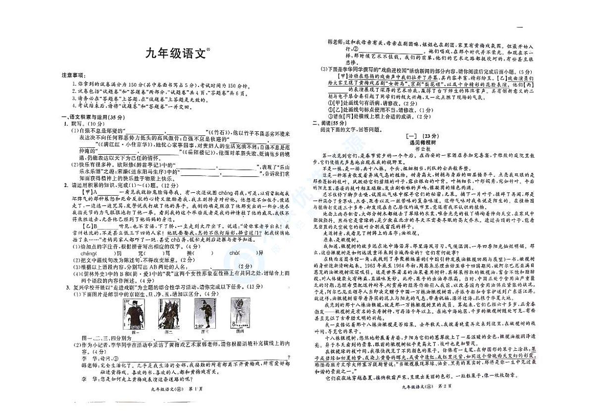 【9语一模】2025年宿州市埇桥区宿州市第九中学中考一模语文试题第1页