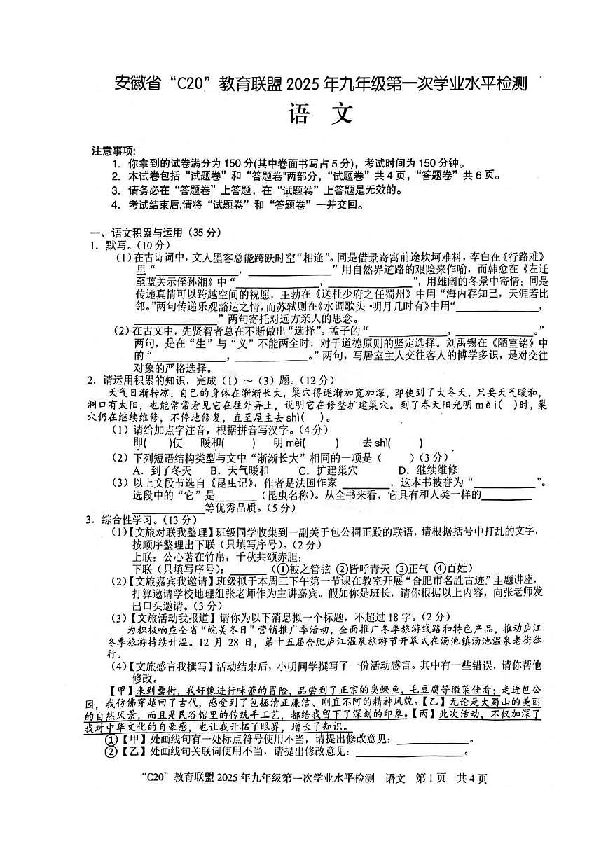 安徽省C20教育联盟2024-2025学年九年级下学期3月月考 语文试题第1页