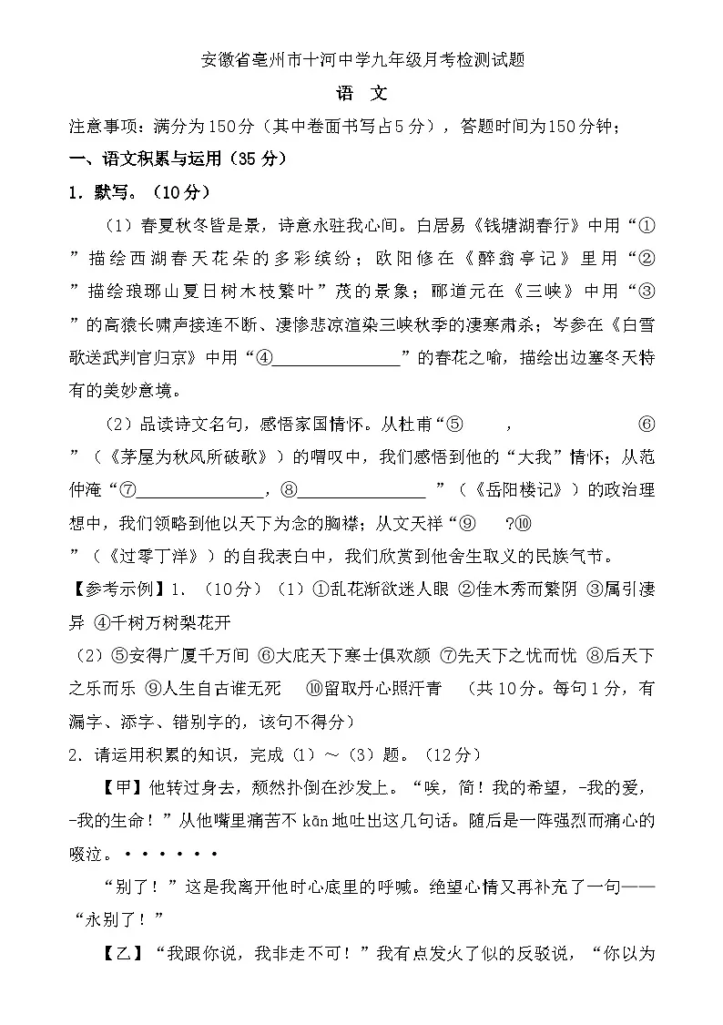 安徽省亳州市十河中学2024—2025学年九年级上学期月考检测 语文试题第1页