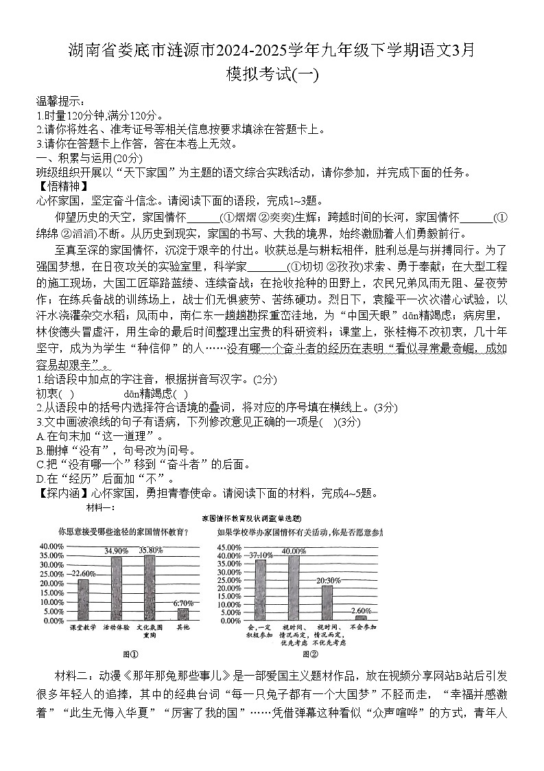 湖南省娄底市涟源市2024-2025学年九年级下学期3月月考 语文试题第1页