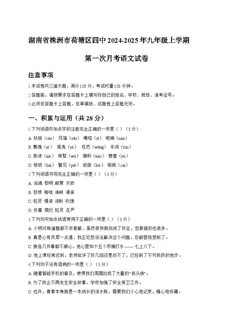 湖南省株洲市第四中学2024-2025学年九年级下学期第一次月考 语文试卷第1页