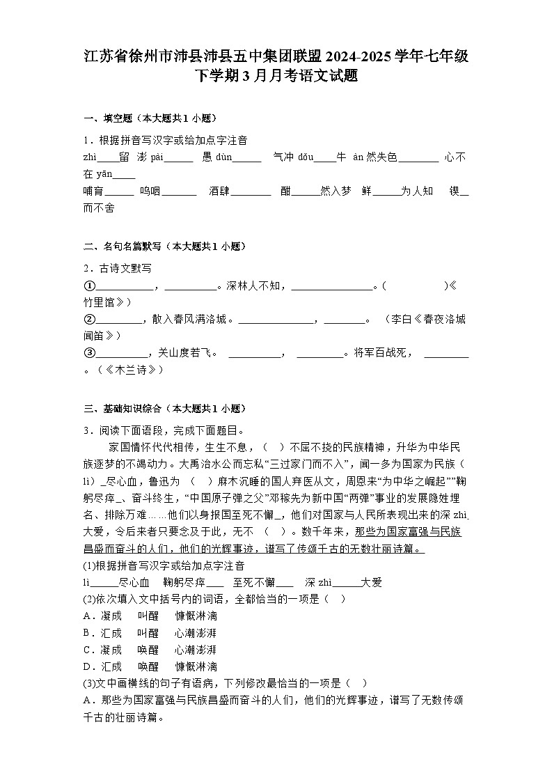江苏省徐州市沛县沛县五中集团联盟2024-2025学年七年级下学期3月月考 语文试题第1页