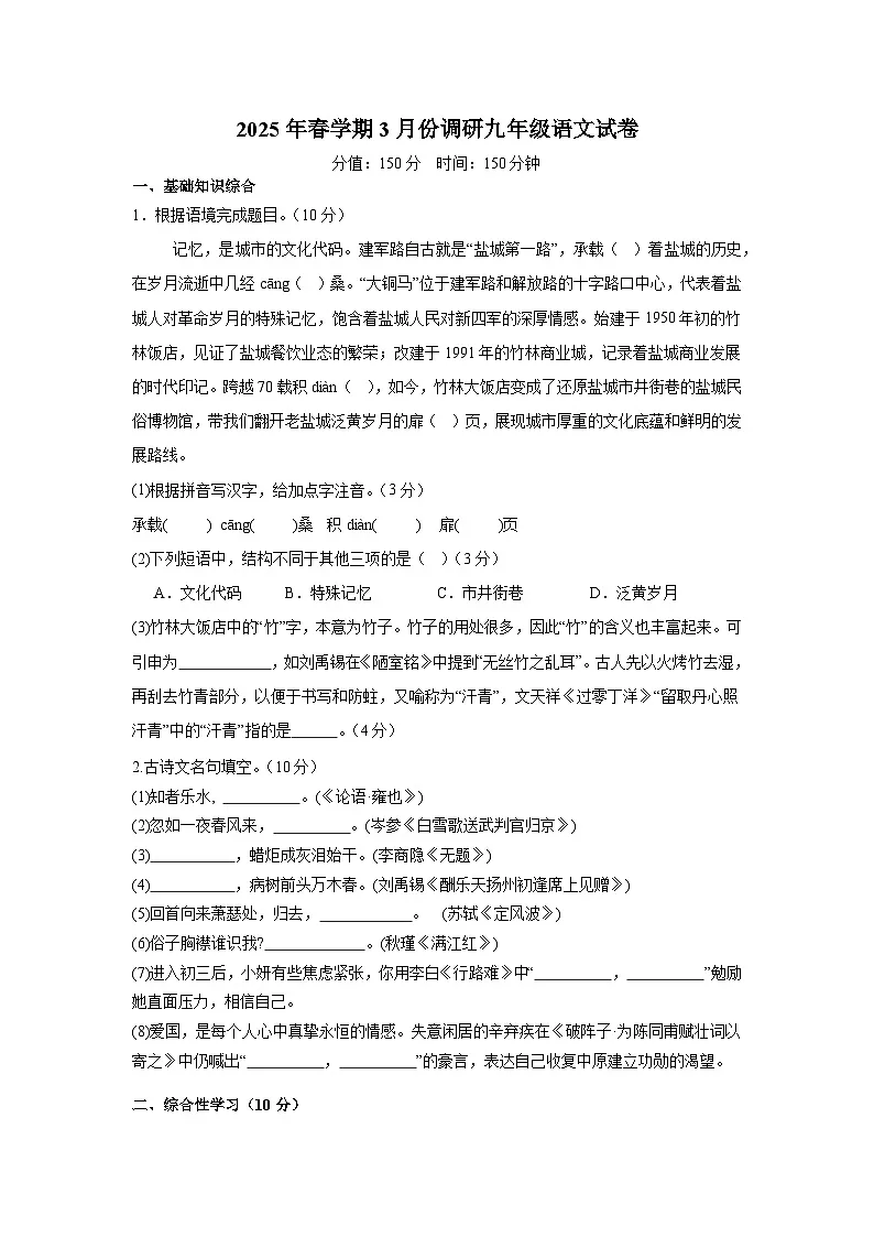 江苏省盐城市大丰区校联考2024-2025学年九年级下学期3月月考 语文试题第1页