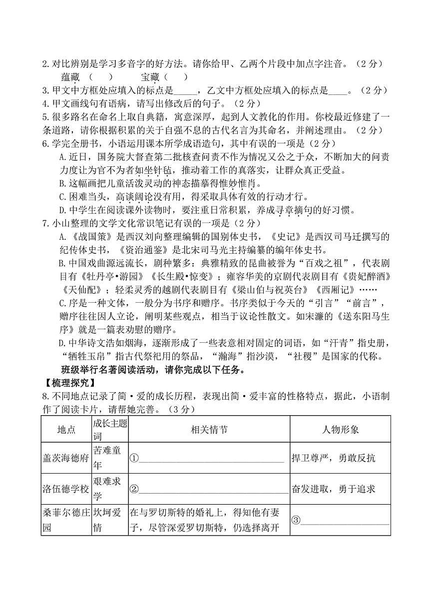 2024～2025学年山东省烟台市福山区(五四制)九年级上期末考试语文试卷(含答案)第2页