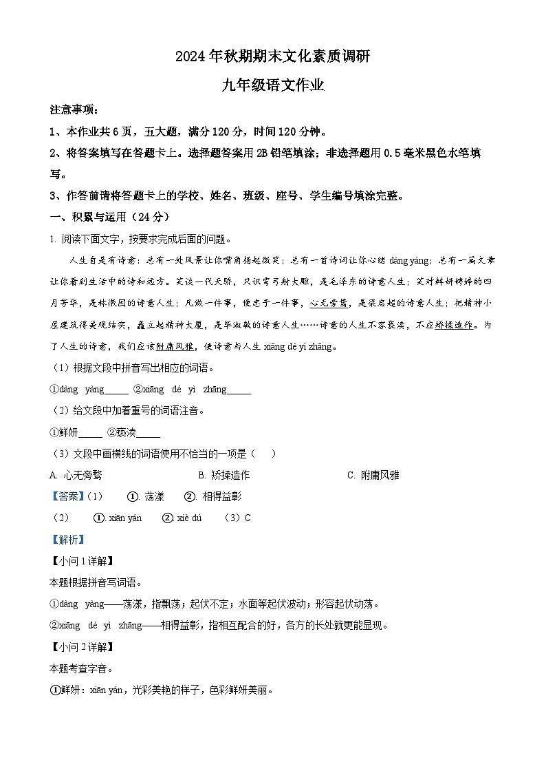 河南省南阳市西峡县2024-2025学年九年级上学期期末语文试题（解析版）第1页