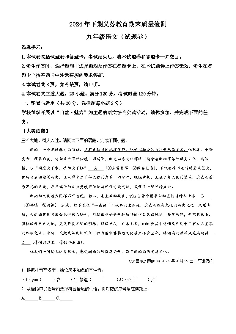 湖南省永州市冷水滩区2024-2025学年九年级上学期期末语文试题（解析版）第1页