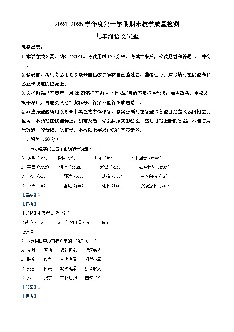 山东省滨州市惠民县2024-2025学年九年级上学期期末语文试题（解析版）第1页