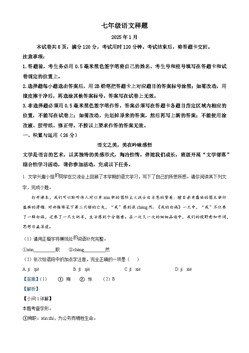 山东省菏泽市定陶区2024-2025学年七年级上学期期末语文试题（解析版）第1页