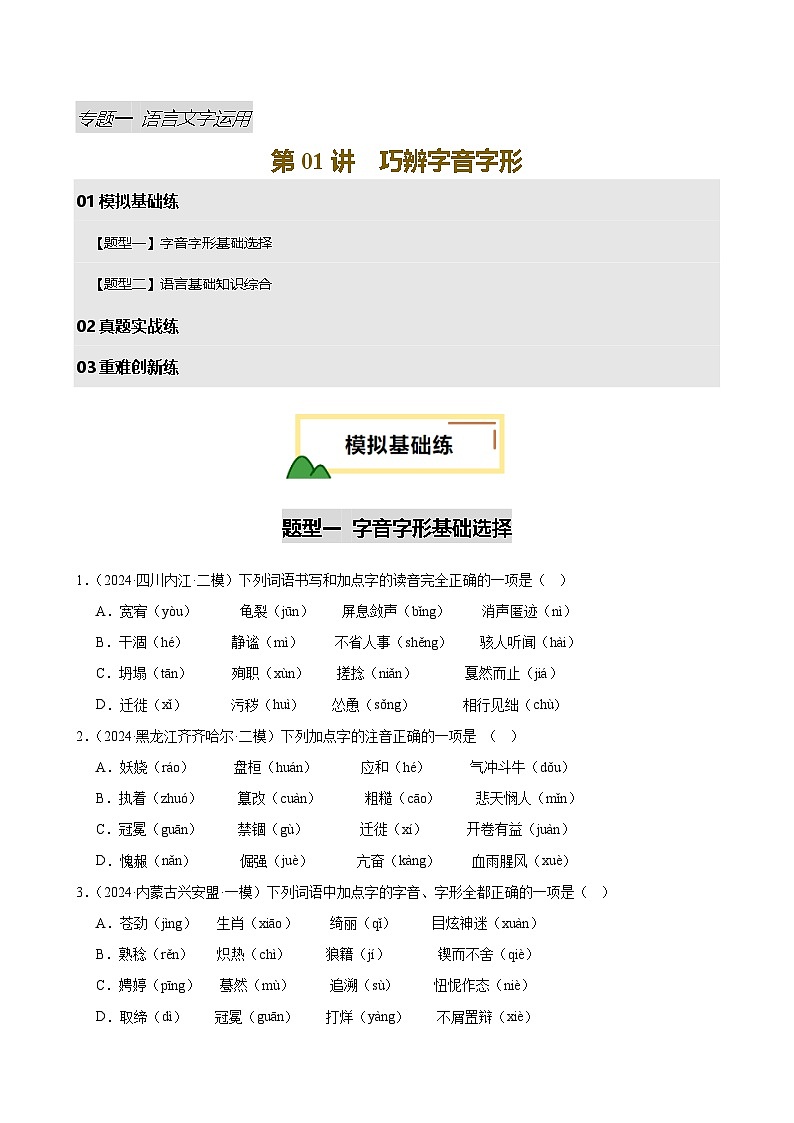 2025中考语文语言文字应用专题训练题集+过关检测 第01讲 巧辨字音字形（练习）（原卷版）第1页