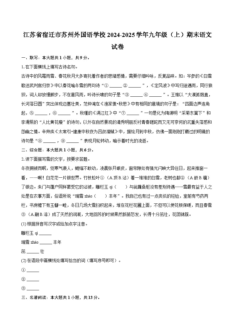 江苏省宿迁市苏州外国语学校2024-2025学年九年级（上）期末语文试卷-普通用卷第1页