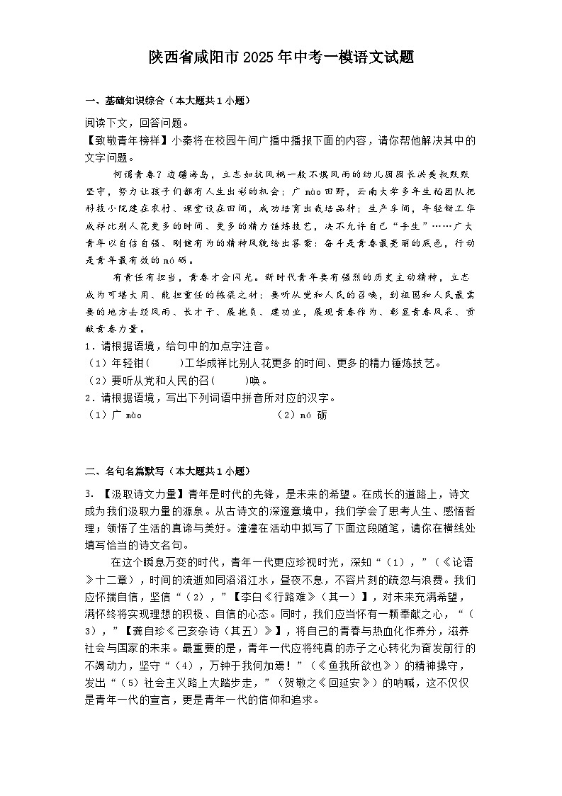 陕西省咸阳市2025年中考一模语文试题第1页