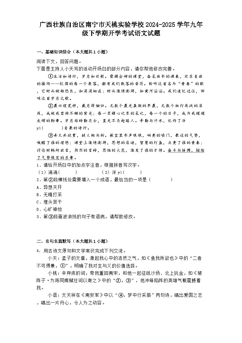 广西壮族自治区南宁市天桃实验学校2024-2025学年九年级下学期开学考试语文试题第1页