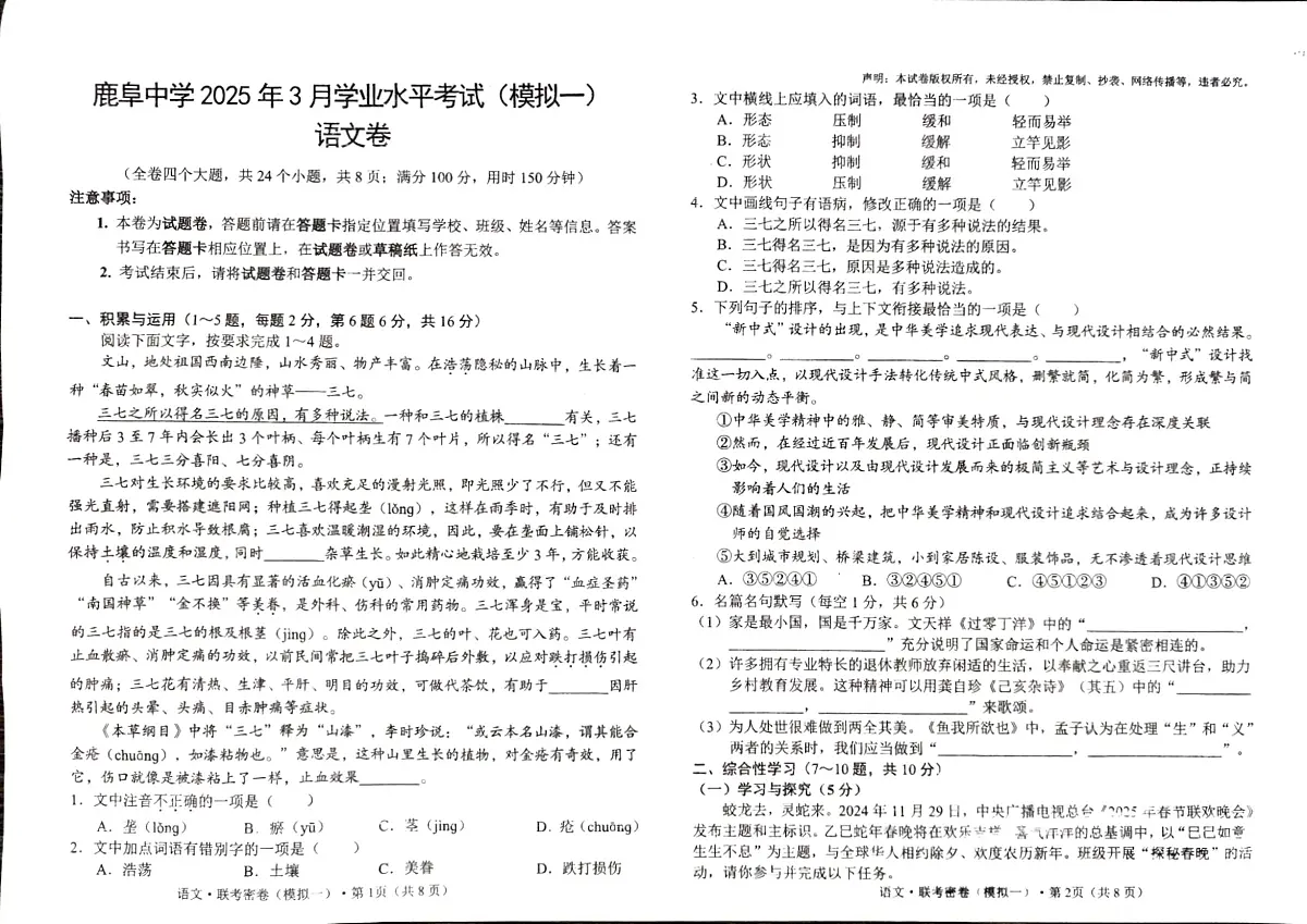 云南省石林县鹿阜中学2024－2025学年九年级下学期3月月考语文试卷第1页