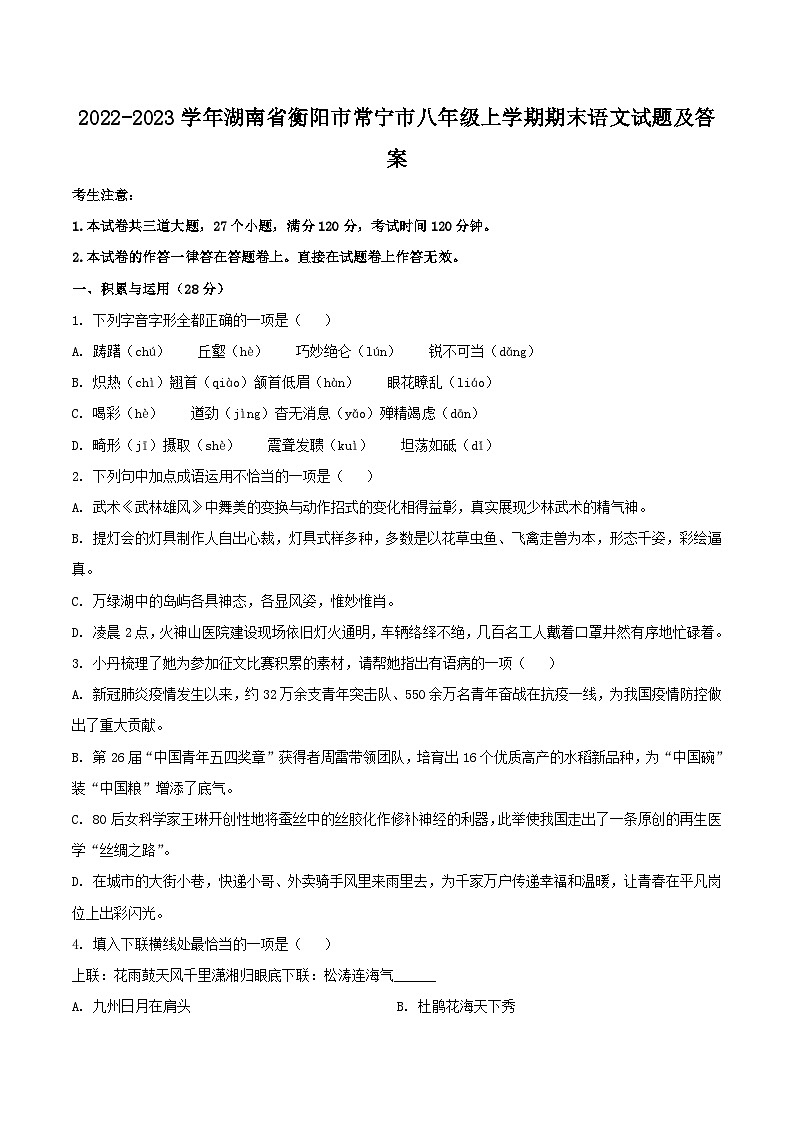 2022-2023学年湖南省衡阳市常宁市八年级上学期期末语文试题及答案第1页