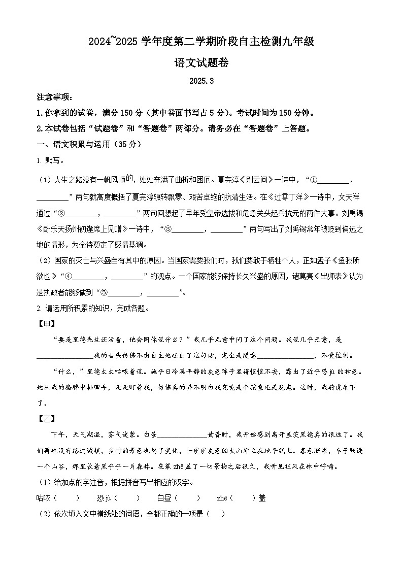 2025年安徽省安庆市怀宁县中考一模语文试题（原卷版+解析版）第1页