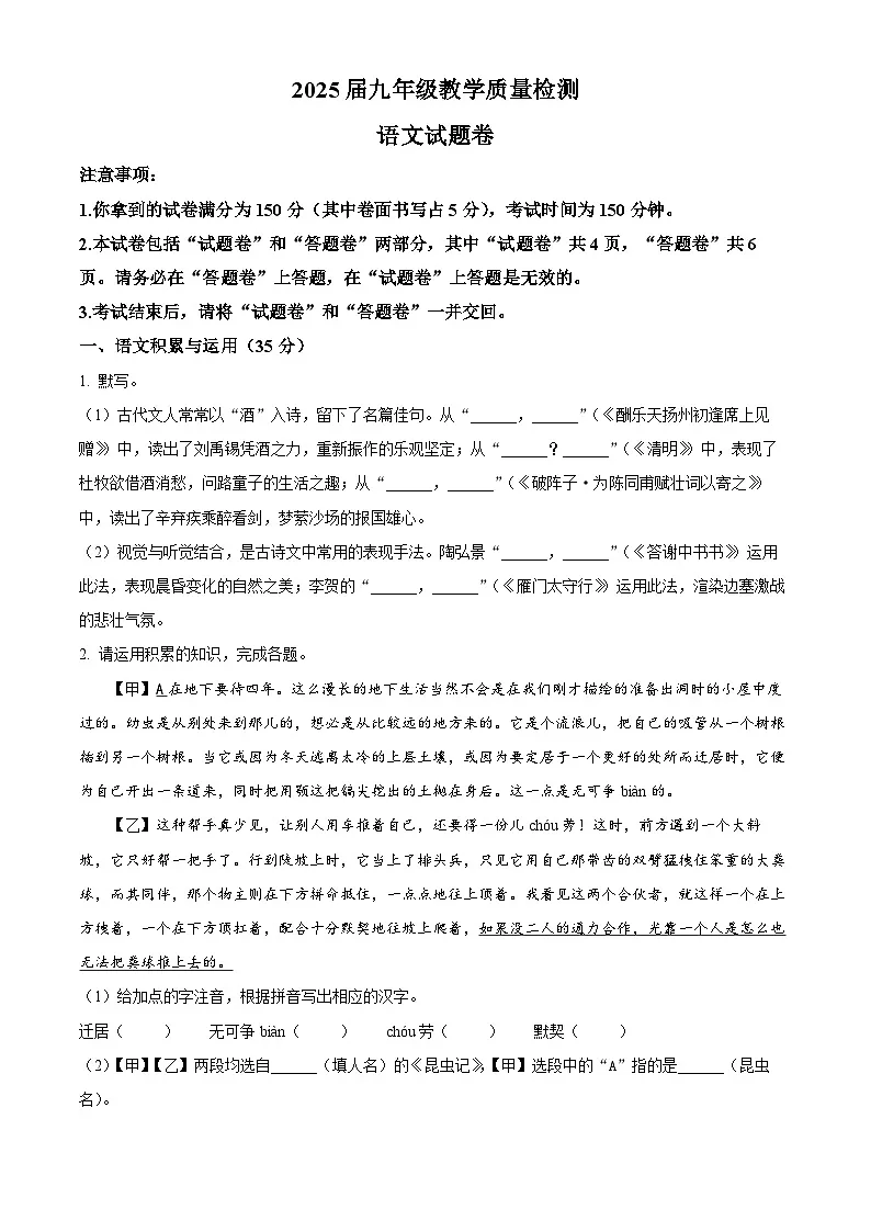 2025年安徽省阜阳市颍上县中考一模语文试题（原卷版+解析版）第1页