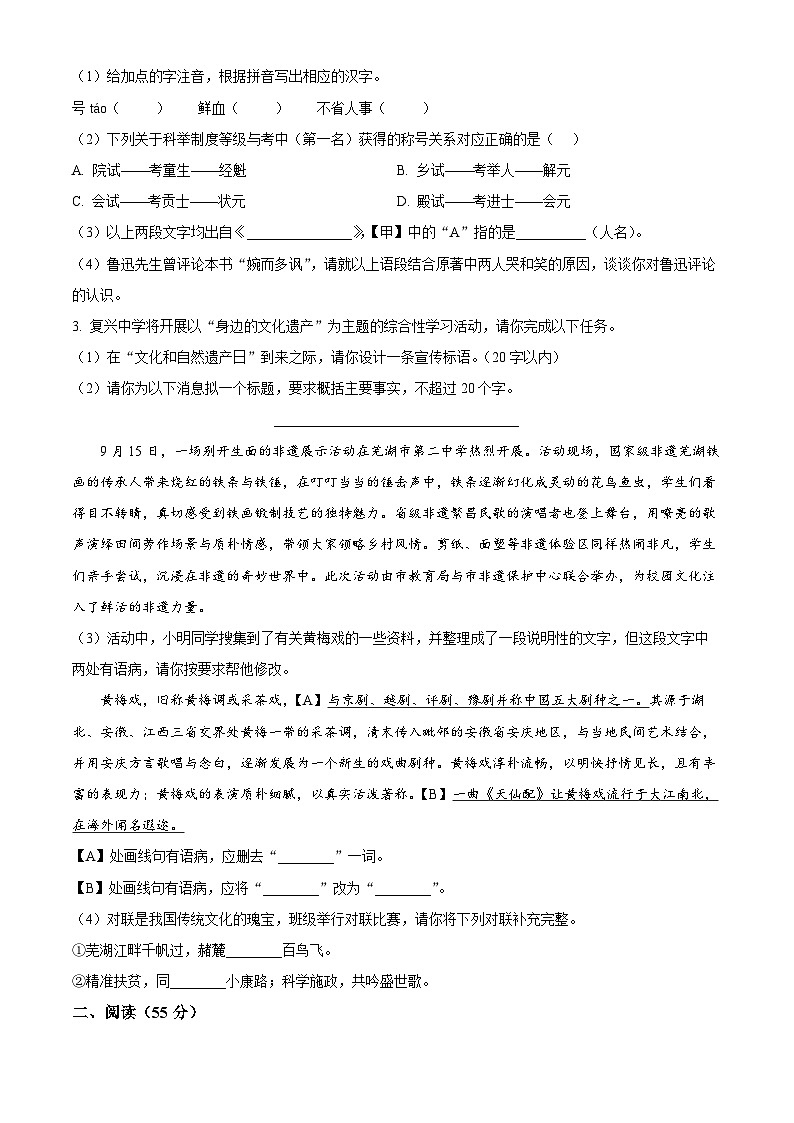 2025年安徽省芜湖市第二十九中学中考一模语文试题（原卷版+解析版）第2页