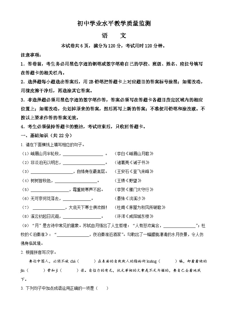 2025年广东省深圳市中考模拟语文试题（原卷版+解析版）第1页