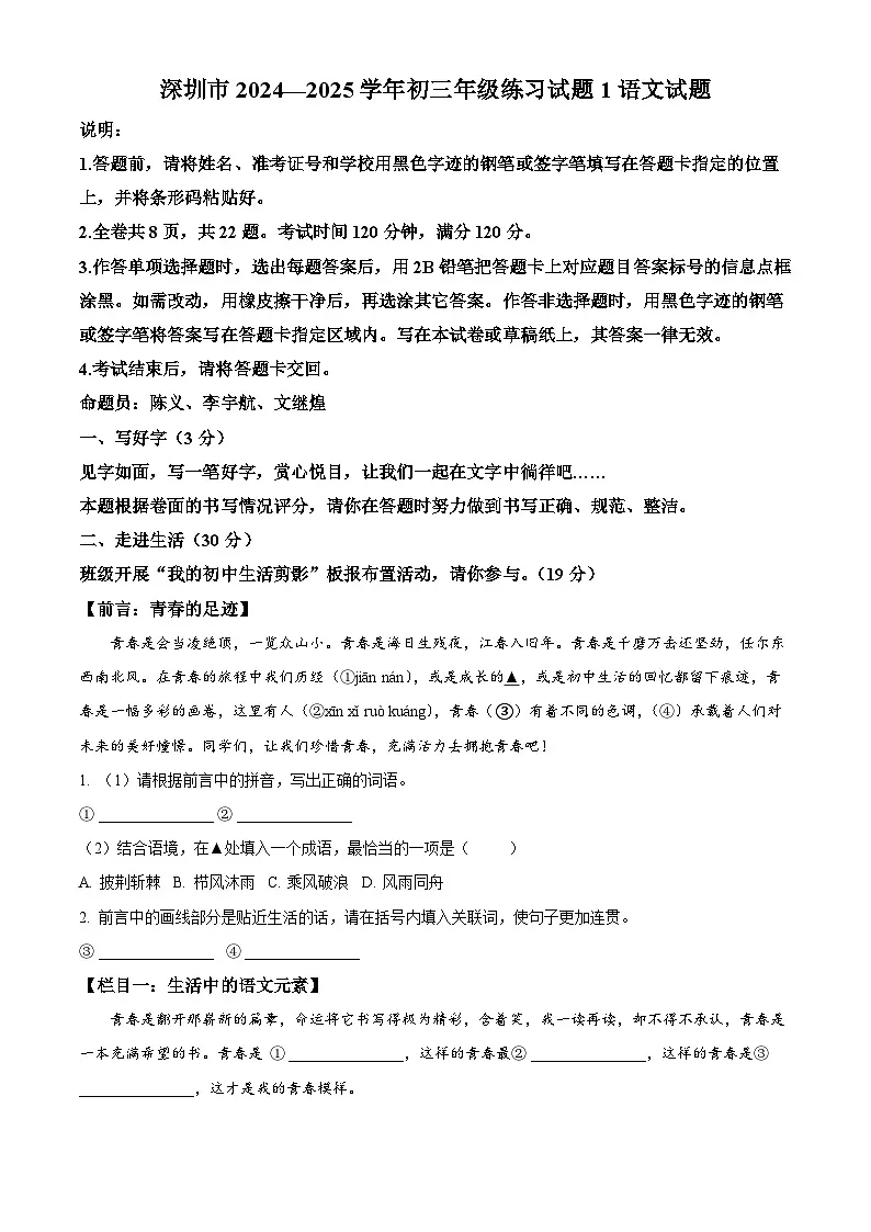 2025年广东省深圳市中考一模语文试题（原卷版+解析版）第1页