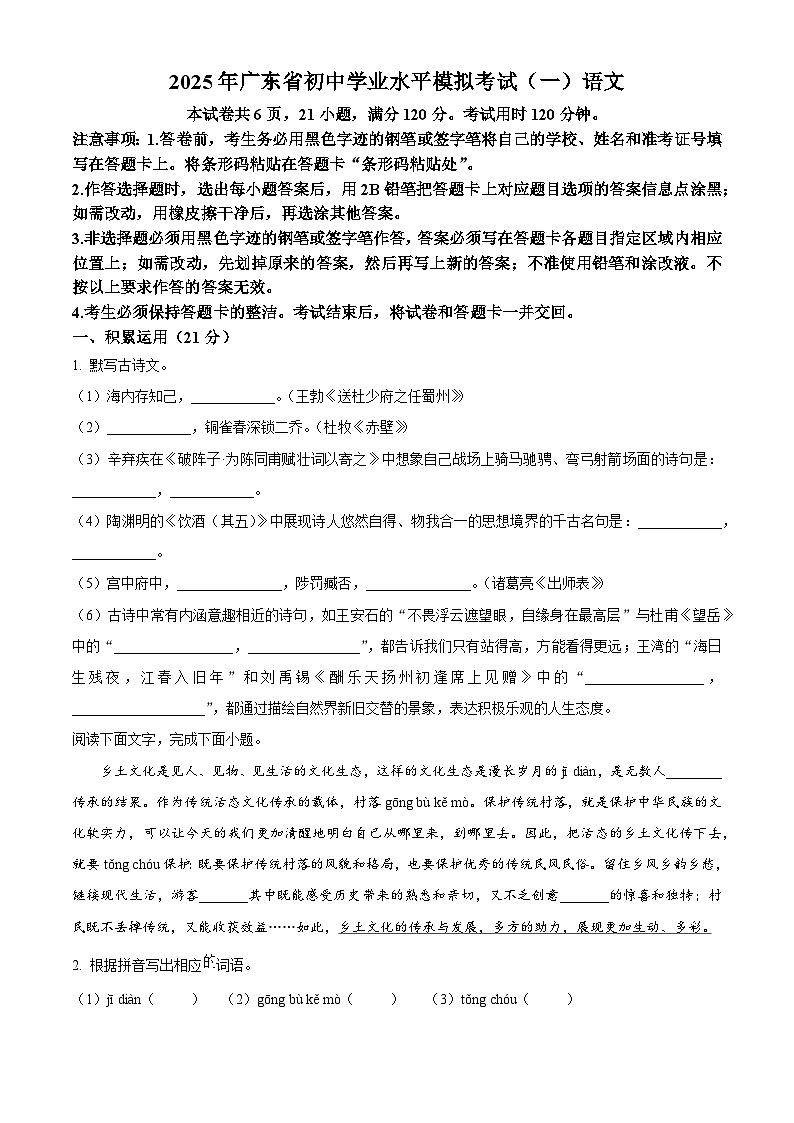 2025年广东省阳江市阳西县中考一模语文试题（原卷版+解析版）第1页