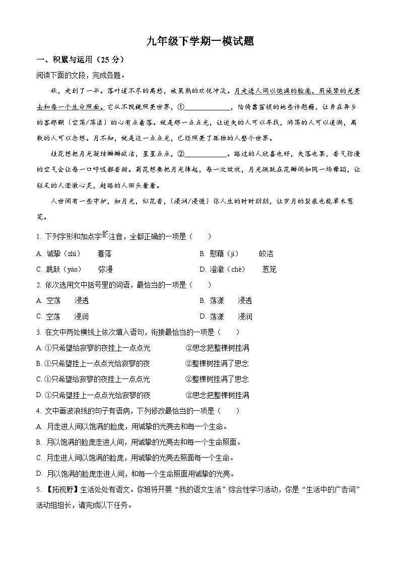 2025年山东省枣庄市薛城区中考一模语文试题（原卷版+解析版）第1页