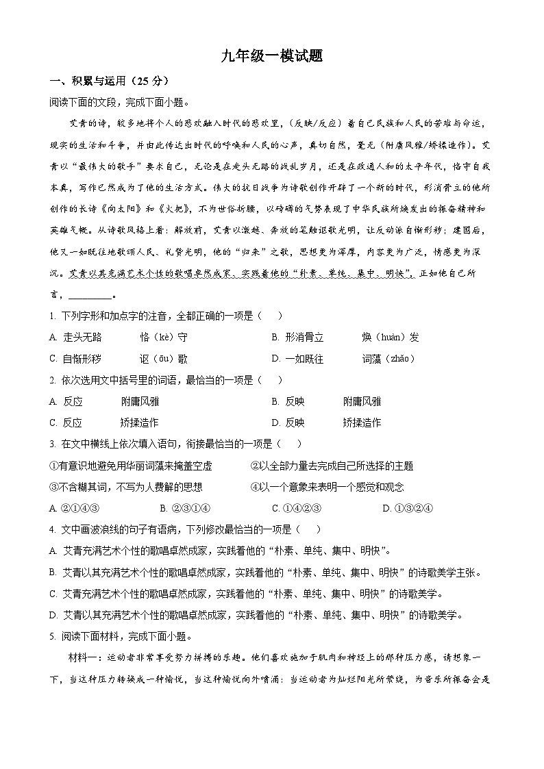 2025年山东省枣庄市台儿庄区中考一模语文试题（原卷版+解析版）第1页