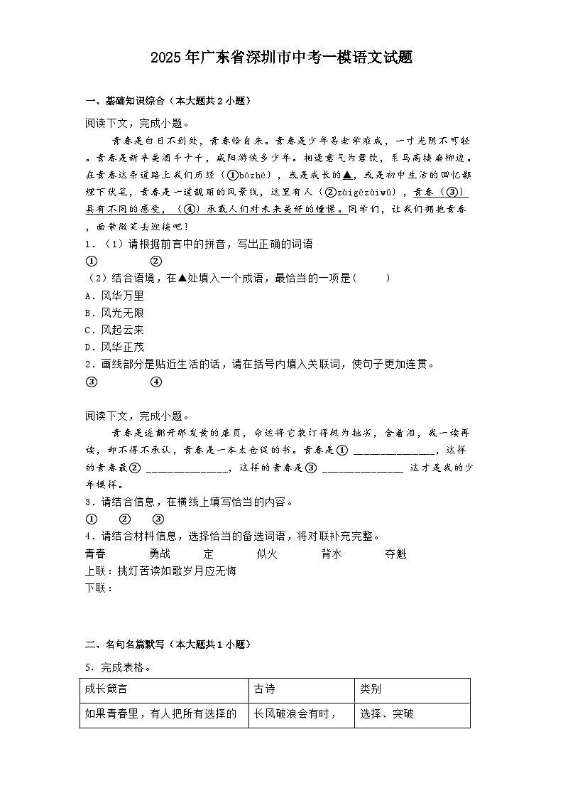广东省深圳市2025年中考一模语文试题（含答案）第1页