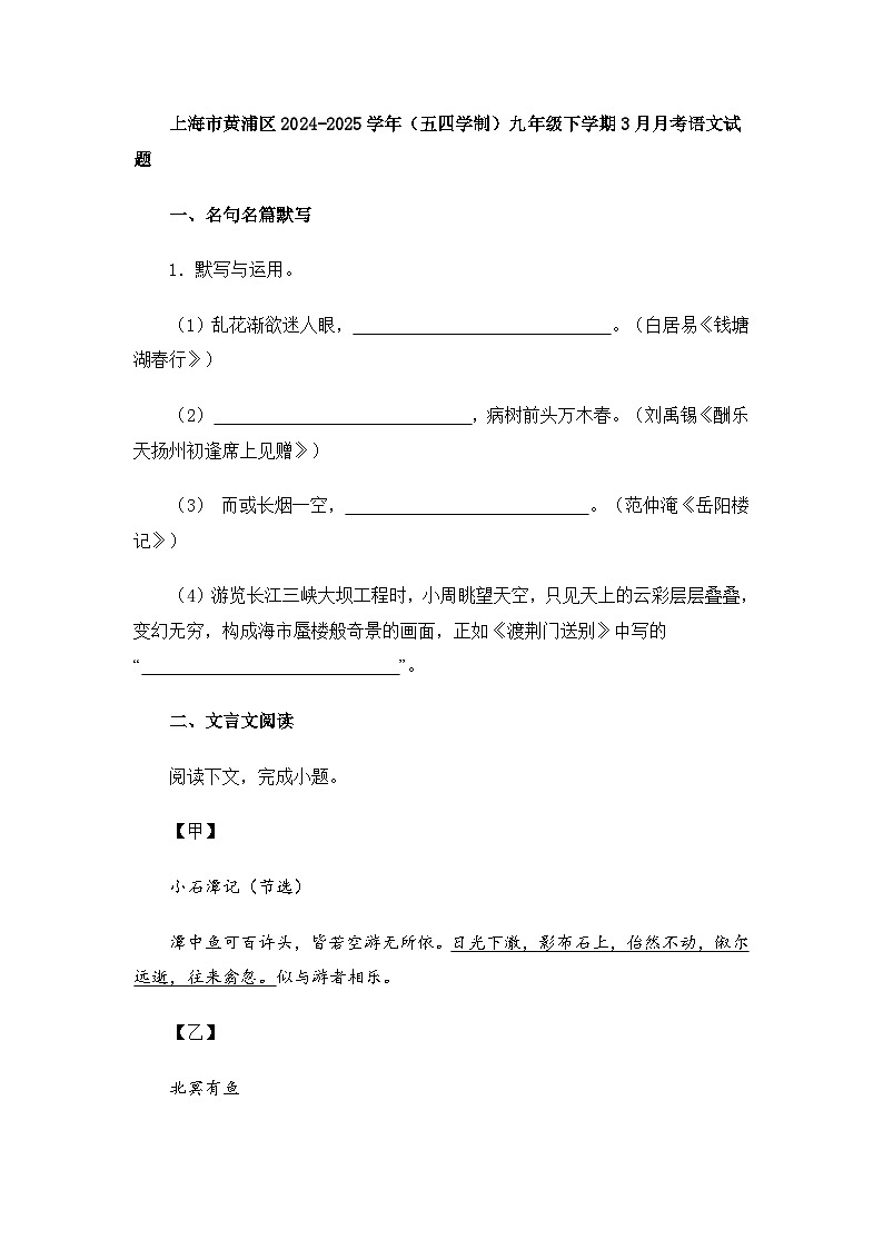 上海市黄浦区2024-2025学年（五四学制）九年级下3月月考语文试题第1页