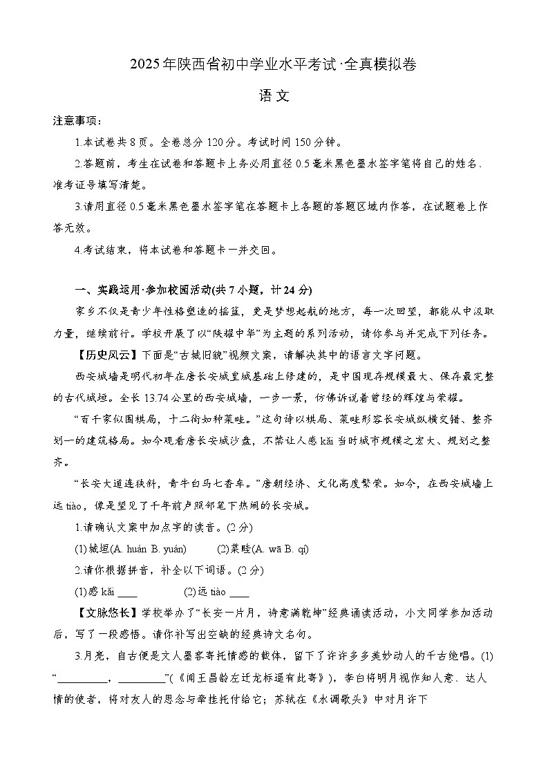 2025年陕西省初中学业水平考试全真模拟卷-语文第1页