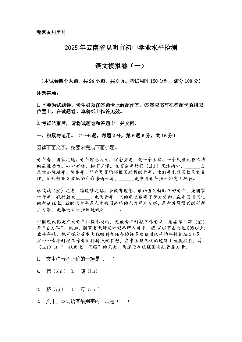 2025年云南省昆明市中考模拟语文试题（含答案）（一）第1页