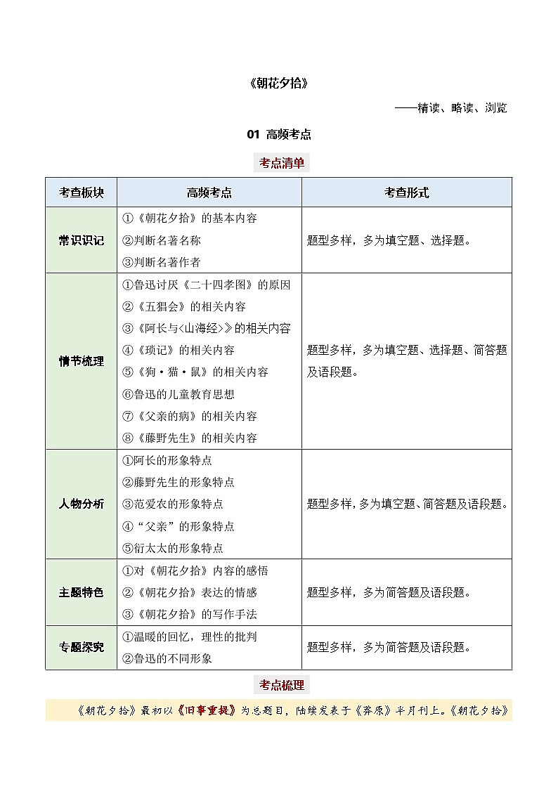 专题01 朝花夕拾【考点精炼】 - 新课标中考语文必读名著演练 原卷版第1页